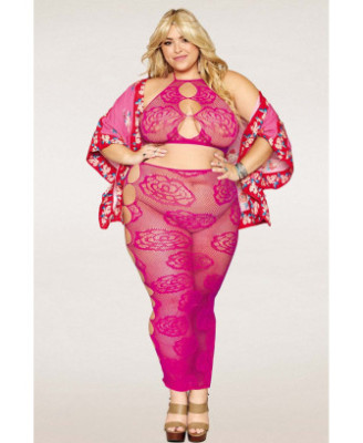 Ensemble Soutien-gorge et jupe longue en filet rose, grande taille 